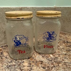Vintage Hazel Atlas Glass Tea &‎ Flour Storage Jars with Yellow Lids